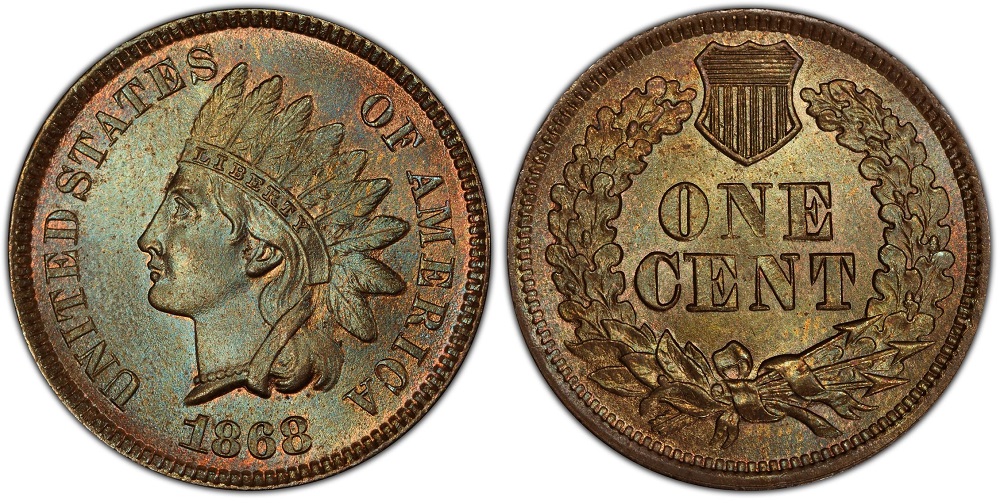 1868 Indian Head Penny obverse and reverse showing Liberty portrait, feathered headdress, and oak wreath reverse