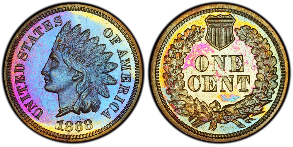 Side-by-side comparison of a common 1868 Indian Head Penny business strike (left) versus an 1868 proof Indian Head Penny (right) showing mirror fields and frosted devices