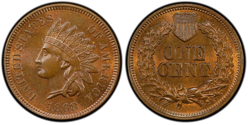 1868 Indian Head Penny doubled die obverse DDO variety showing visible doubling on the LIBERTY headdress inscription under magnification