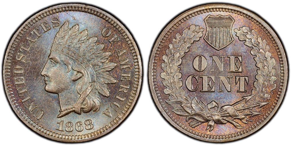 Group of 1868 Indian Head Pennies in various grades displayed on dark velvet, showing the range from worn brown to near-mint red specimens