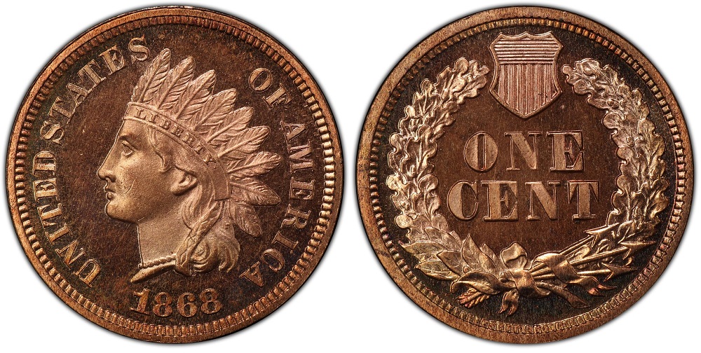 Grading strip showing four 1868 Indian Head Pennies in a row from worn Good condition through circulated Fine and Extremely Fine to uncirculated Mint State